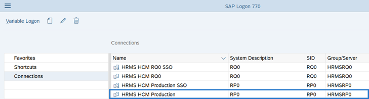 SAP Logon pad with HRMS HCM Production selected.