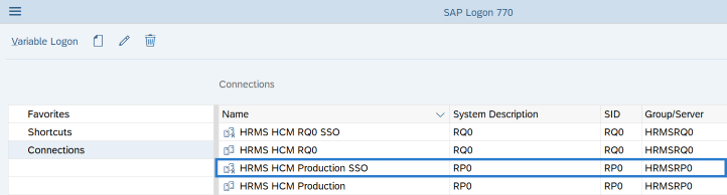 SAP Logon pad with HRMS HCM Production selected.