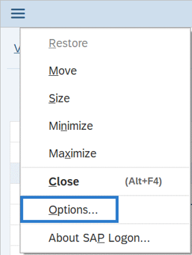 Drop down menu with Options button selected.