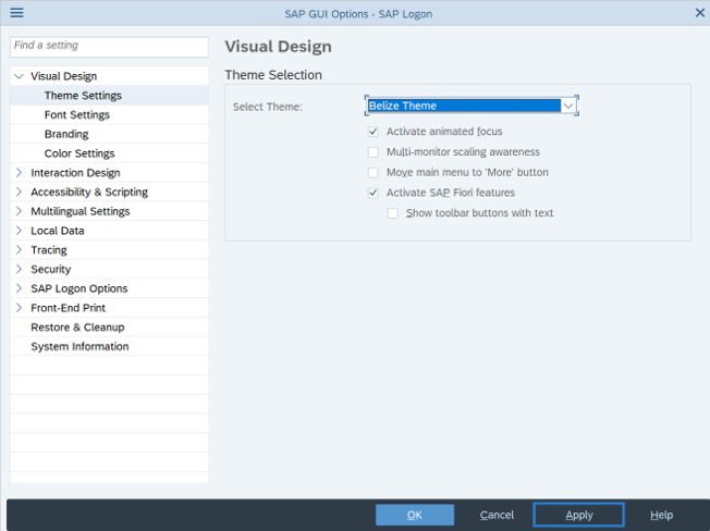 Visual Design Theme Settings with Belize Theme and Apply button selected.