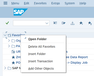 SAP Easy Access Favorites folder with menu.
