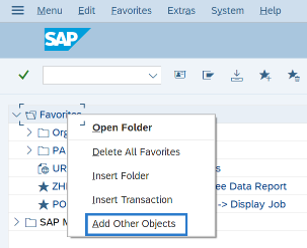 SAP Easy Access Favorites folder with Add Other Objects selected.