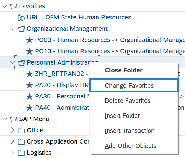 SAP Easy Access screen with Change Favorites menu selected.