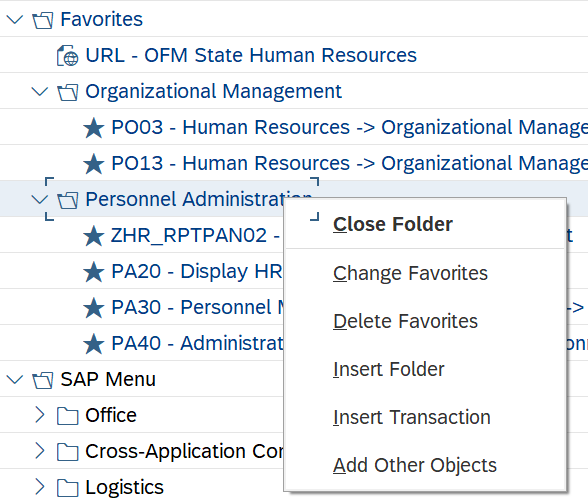 SAP Easy Access screen with Favorites menu selected.