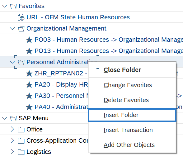 SAP Easy Access screen with Favorites menu Insert Folder selected.