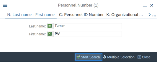 Personnel Number and Last name, First name options and start search button selected.