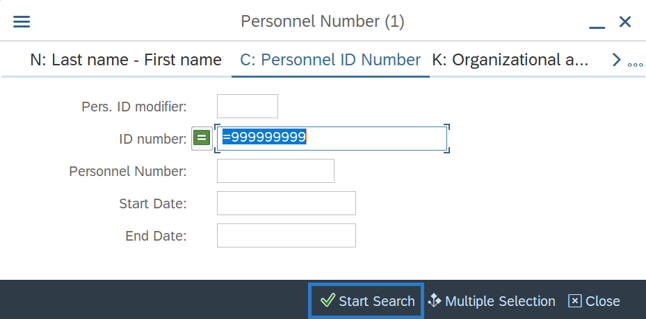 Personnel ID Number Search button selected.