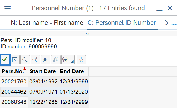 Personnel ID Number search results.