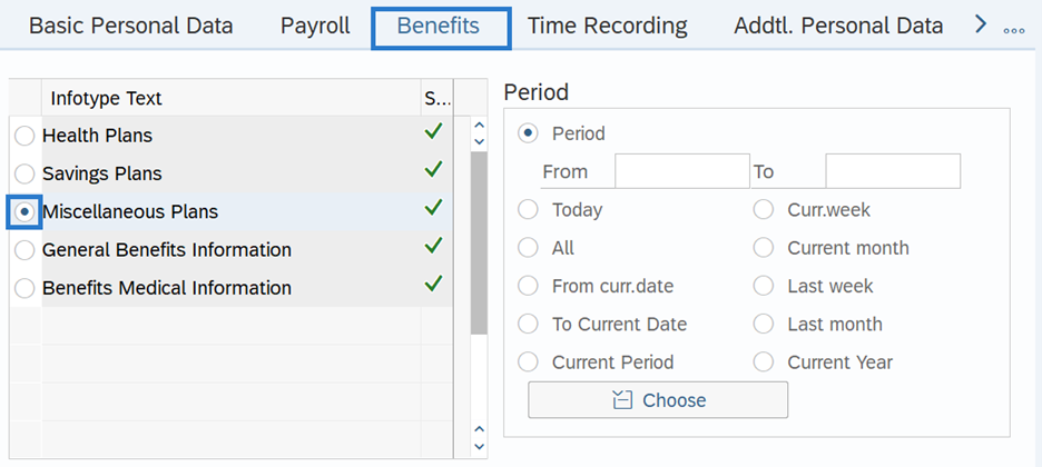 Employee information screen with Benefits tab and Miscellaneous Plans info type text option selected.