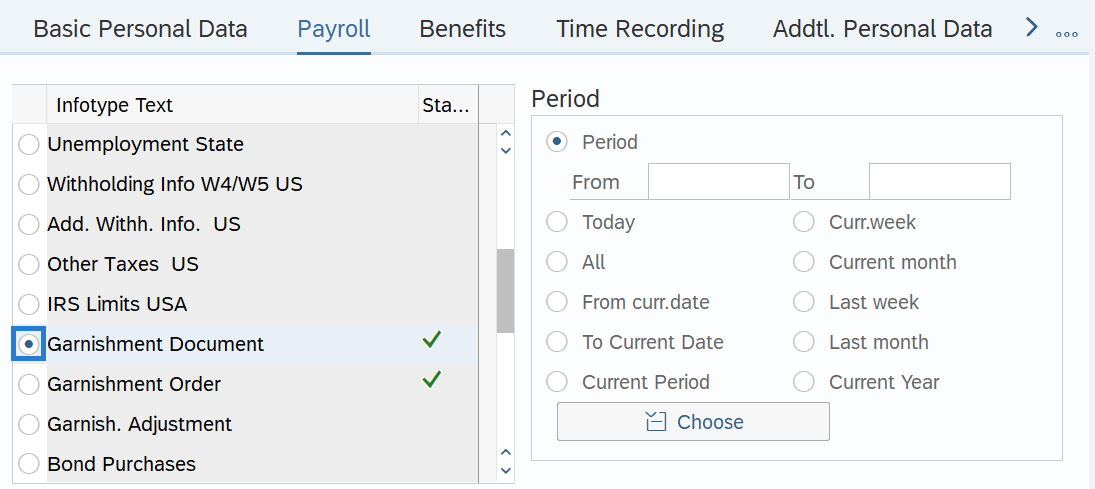 Payroll tab with Garnishment Document selected