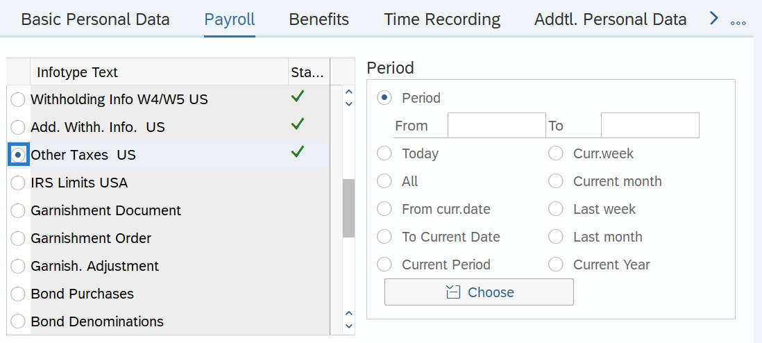 Payroll tab with Other Taxes US selected.