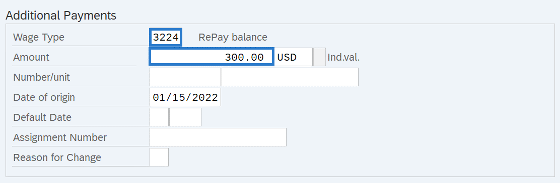 Additional Payments with Wage Type and Amount selected.