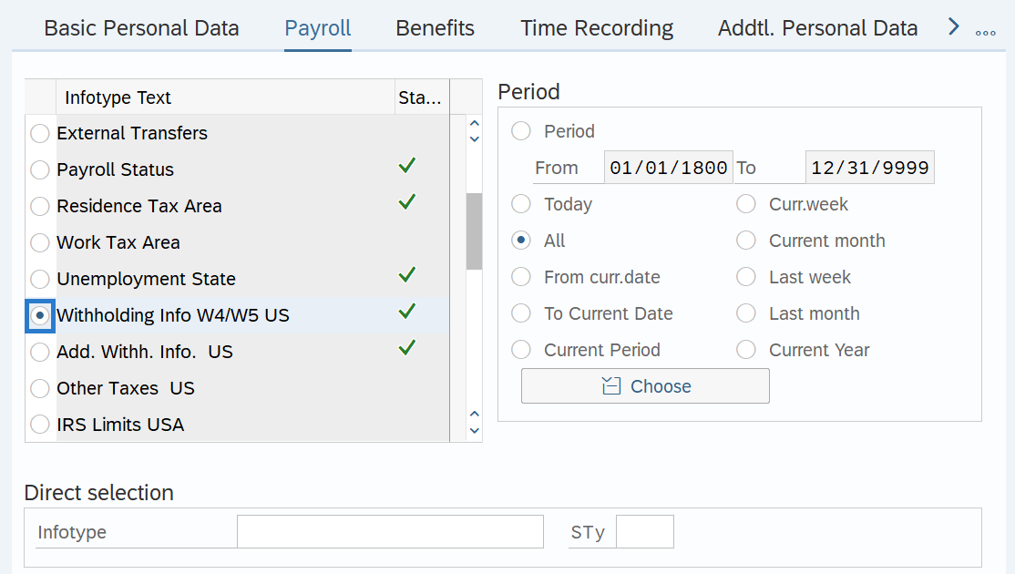 Payroll tab with Withholding Info W4/W5 US selected.
