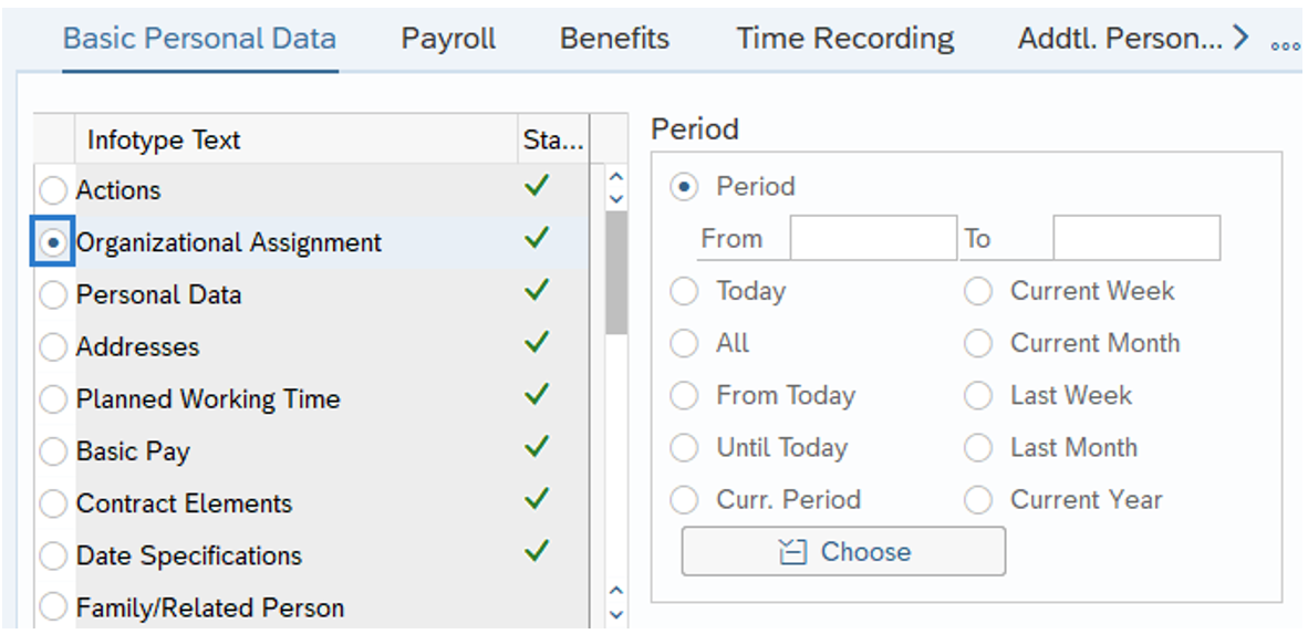 Personnel Administration screen with the Organizational Assignment radio button selected.