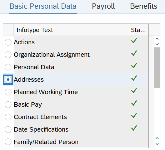 On the Basic Personal Data tab, select the Addresses radio button.