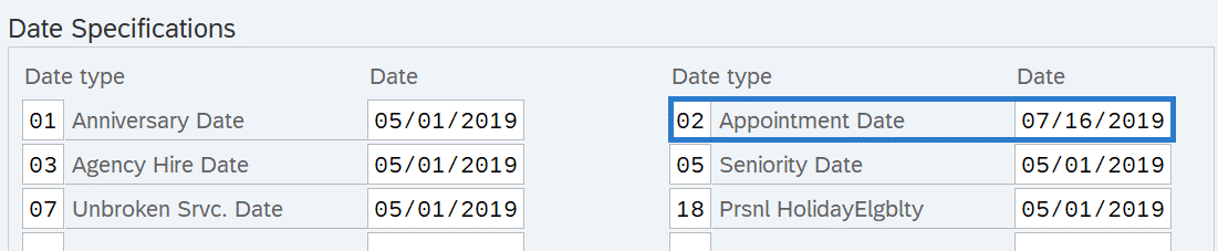  Date Specifications infotype selected.