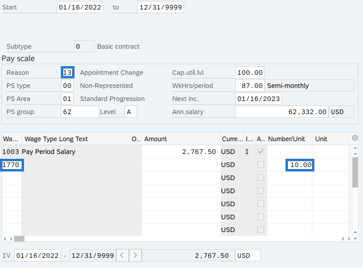 Basic pay screen with fixed and variable percentage wage types selected.