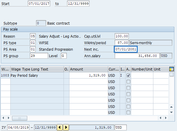 Screenshot of basic pay infotype record.