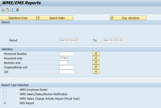 Screenshot of report selection screen.