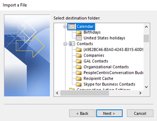Import a File window with Calendar folder highlighted