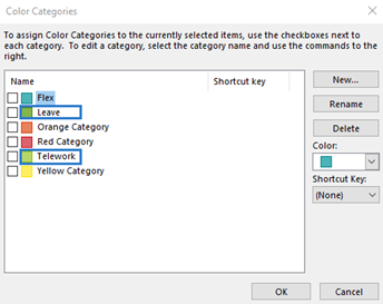 Outlook Custom Color Categories window with Leave and TeleWork options highlighted
