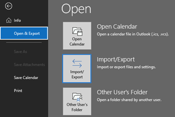 Open & Export menu with Import/Export button highlighted