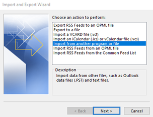 Import and Export Wizard window with Import from another program or file option highlighted
