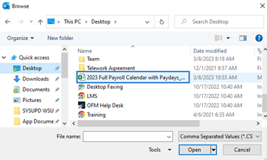 Browse dialog box with CVS file and Open button highlighted