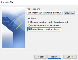 Import a File window with Do not import duplicate items option highlighted