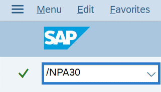 Command field with transaction code /NPA30 shortcut selected to open or close a transaction.