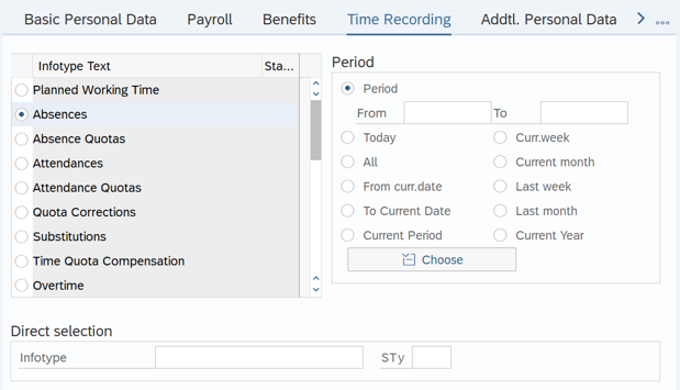 Employee information screen with Time Recording tab and Absences info type text option selected.