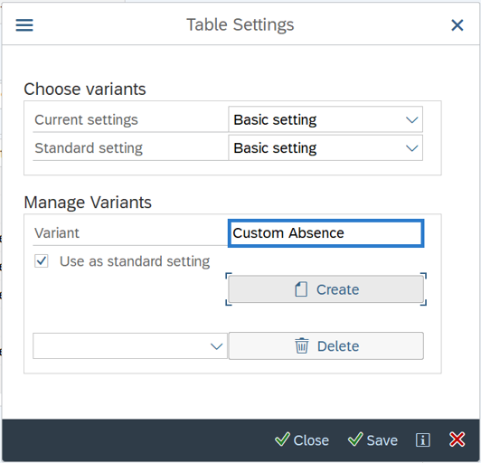 Table Settings and Manage Variants option selected.
