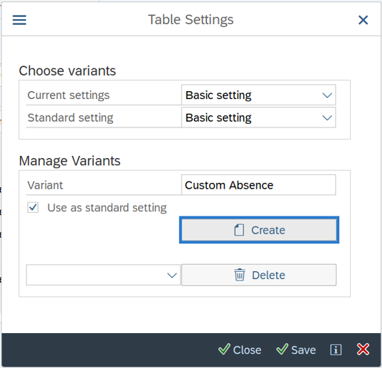 Table Settings and create button selected.
