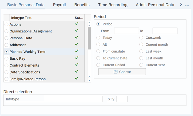 Employee information screen with Basic Personal Data and Planned Working Time info type text option selected.