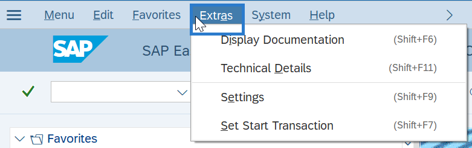 SAP Easy Access menu with Extras tab selected.