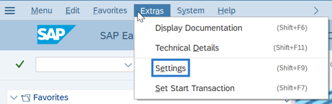 SAP Easy Access menu with Extras tab and Settings selected.