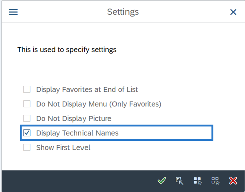 Settings options with Display Technical Names selected.