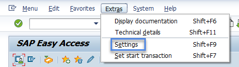Screenshot of settings selection under extras menu.