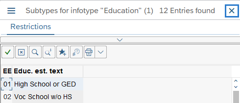 Education infotype window with close button highlighted