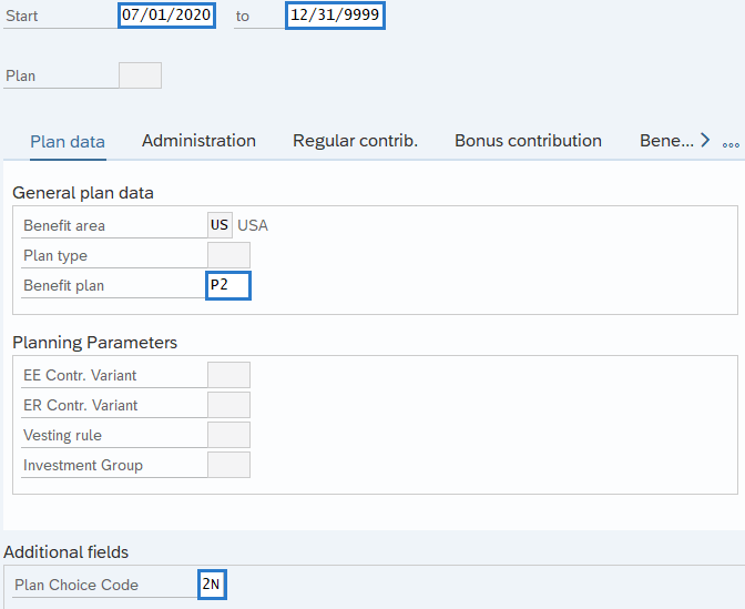 Plan Data screen with Start, To,  Benefit plan, and Plan choice code fields highlighted