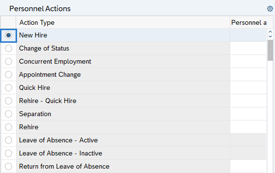Personnel Action screen with New Hire radio button selected