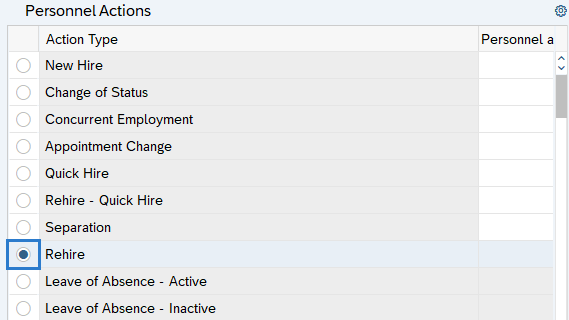 Personnel Actions screen with Rehire radio button selected