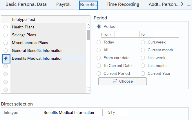 Benefits tab highlighted with Benefits medical Information radio button selected