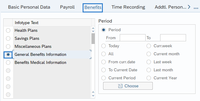 Benefits tab opens with General Benefits Information Infortype option selected