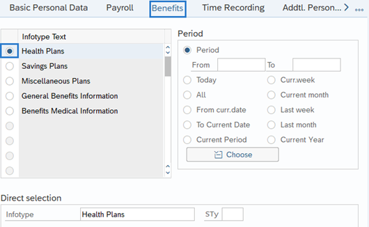 Benefits tab with Health Plans selected.
