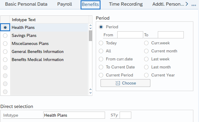 Benefit tab opens with Health Plans option highlighted