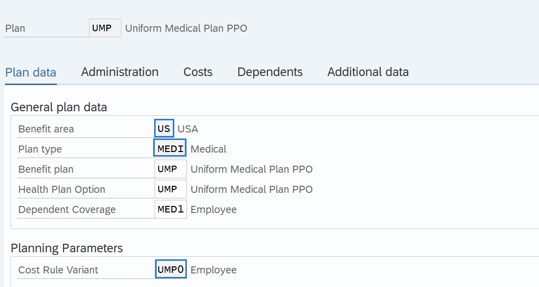 Plan data form with Benefit area and Plan type fields highlighted