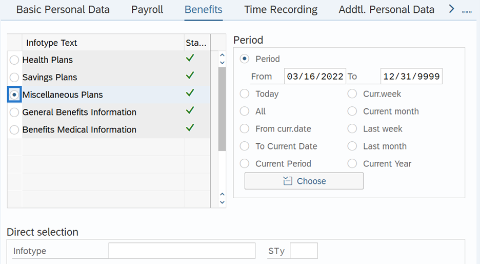 Employee information screen with Benefits tab and Miscellaneous Plans info type text option selected.