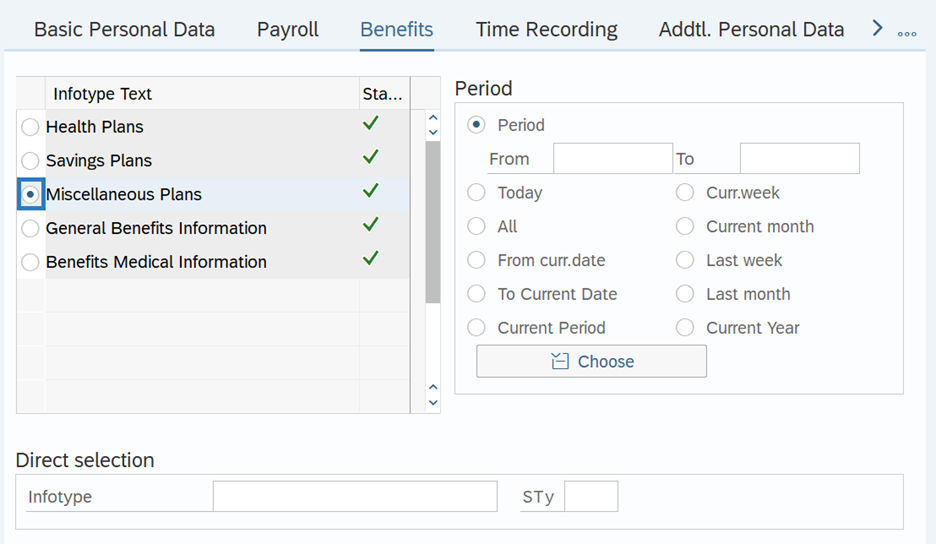 Employee information screen with Benefits tab and Miscellaneous Plans info type option selected.