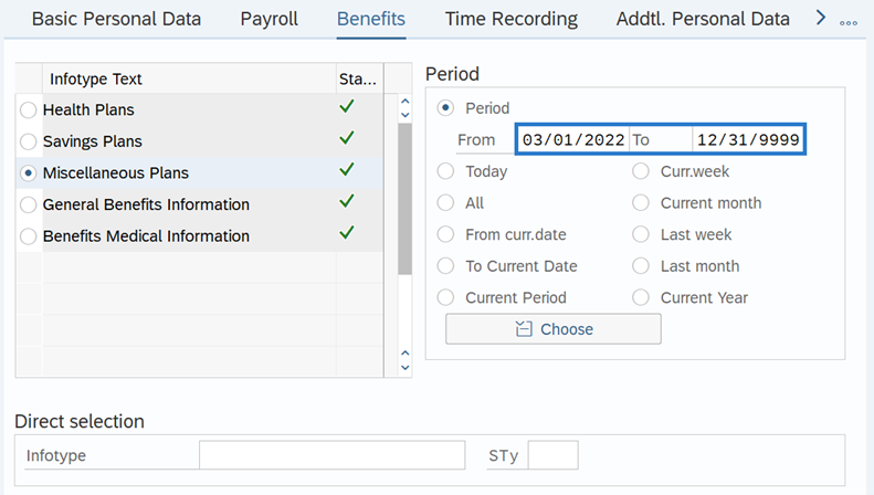 Employee information screen with Benefits tab and Miscellaneous Plans info type Period From and To selected.